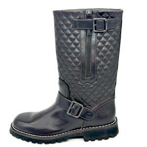 CHANEL 13B Quilted Leather Motorcycle Biker Zipper Buckled Boots Brown